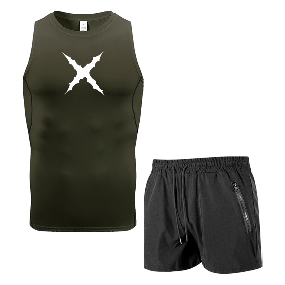 Men 2 Piece Sleeveless Sportswear Set Compression Tank Top Quick Dry Gym Shorts Gothic X Thorns Print Fitness Running Tracksuit