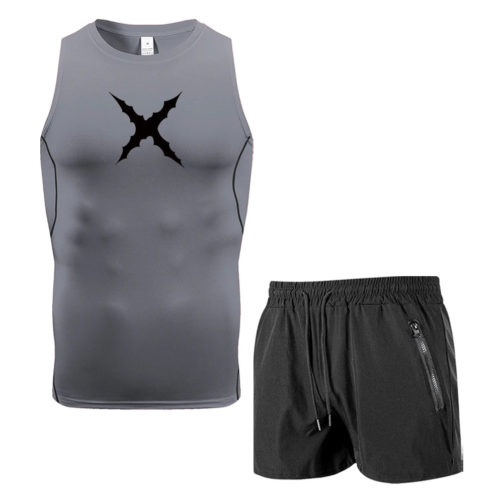 Men 2 Piece Sleeveless Sportswear Set Compression Tank Top Quick Dry Gym Shorts Gothic X Thorns Print Fitness Running Tracksuit