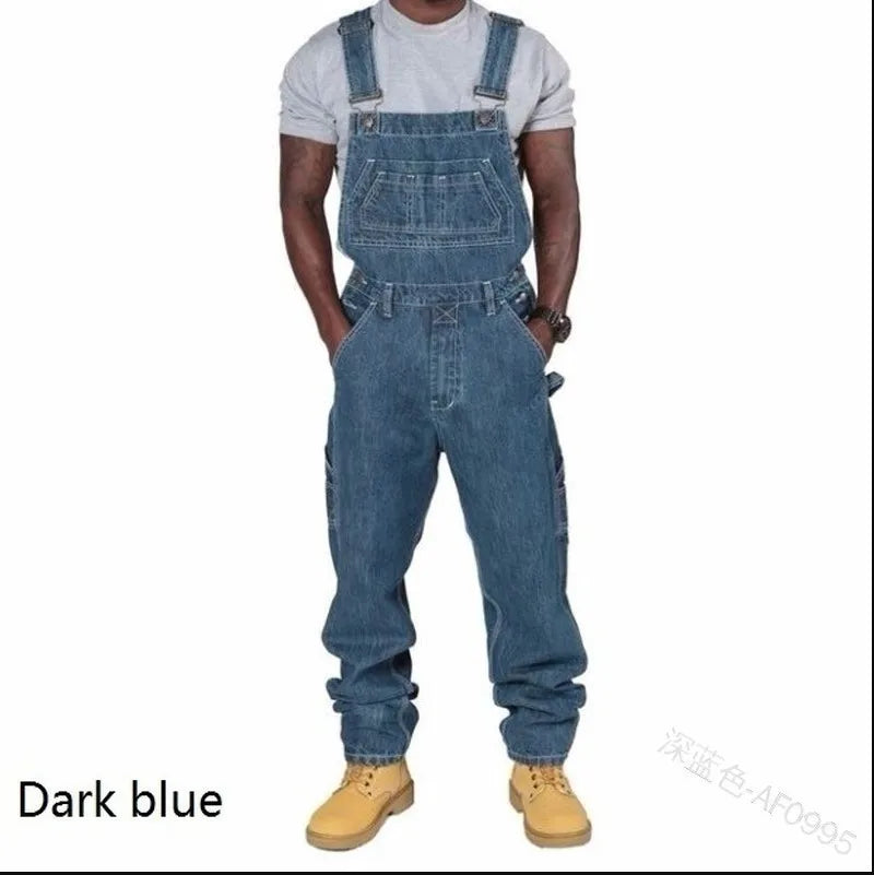 Men Denim Overalls Loose Fit Straight Leg Multiple Pockets Plus Size Casual Workwear Pants for Autumn Daily Streetwear