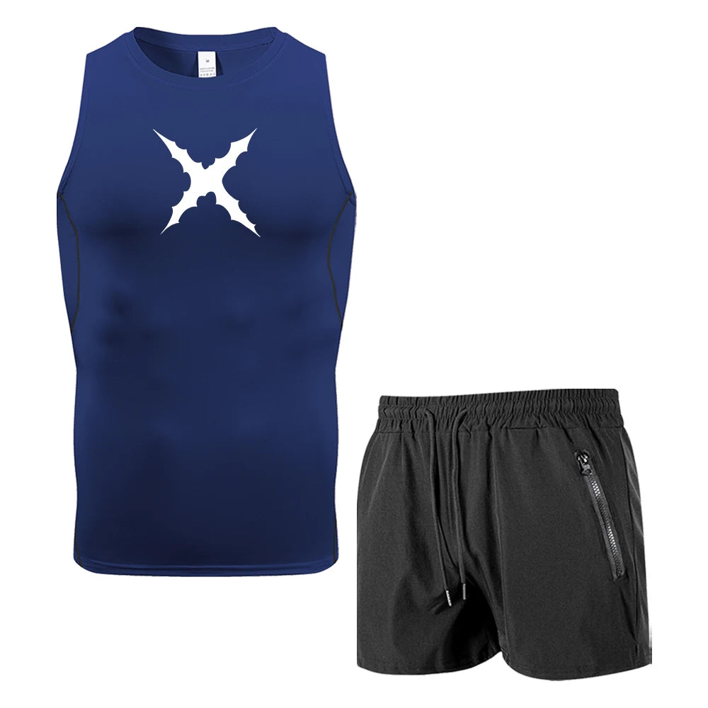 Men 2 Piece Sleeveless Sportswear Set Compression Tank Top Quick Dry Gym Shorts Gothic X Thorns Print Fitness Running Tracksuit