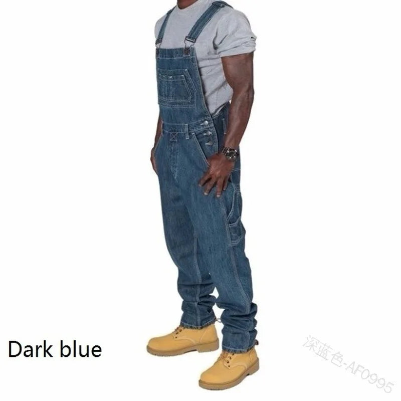 Men Denim Overalls Loose Fit Straight Leg Multiple Pockets Plus Size Casual Workwear Pants for Autumn Daily Streetwear