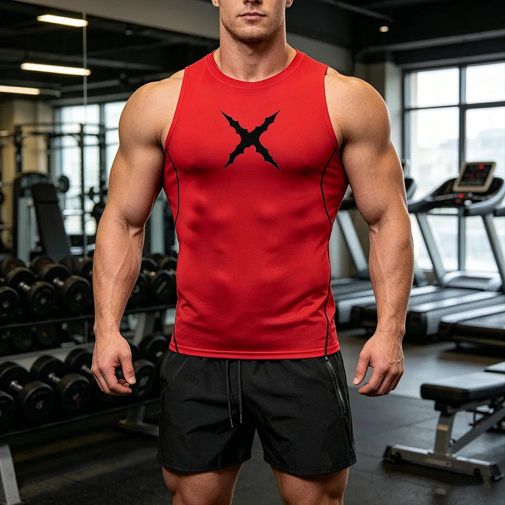 Men 2 Piece Sleeveless Sportswear Set Compression Tank Top Quick Dry Gym Shorts Gothic X Thorns Print Fitness Running Tracksuit