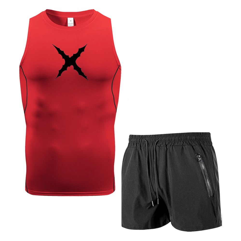 Men 2 Piece Sleeveless Sportswear Set Compression Tank Top Quick Dry Gym Shorts Gothic X Thorns Print Fitness Running Tracksuit