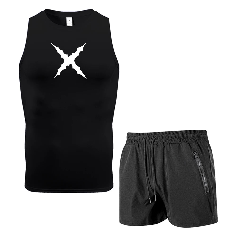 Men 2 Piece Sleeveless Sportswear Set Compression Tank Top Quick Dry Gym Shorts Gothic X Thorns Print Fitness Running Tracksuit