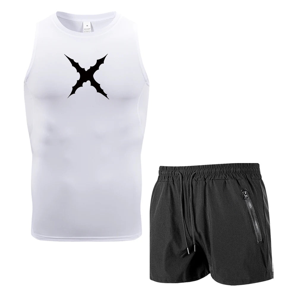 Men 2 Piece Sleeveless Sportswear Set Compression Tank Top Quick Dry Gym Shorts Gothic X Thorns Print Fitness Running Tracksuit