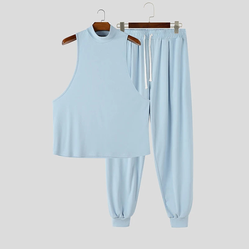 INCERUN Men Sets Solid Color Turtleneck Sleeveless Tank Tops Pants Two Piece Sets Streetwear Casual Men Matching Sets Tracksuits